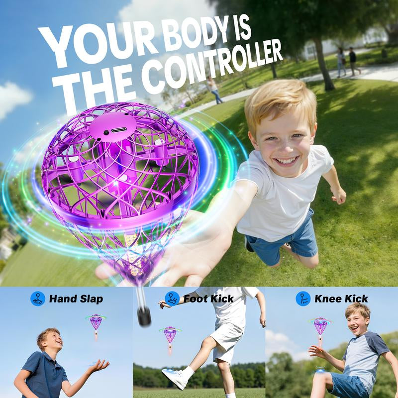 【2025 Halloween】 Flystars Hand Operated Flying Orb Ball Drone with LED Lights, Magic Durable Boomerang Hover Spinner, Quick USB-C Rechargeable, Indoor & Outdoor Fun Fidget Toy, Birthday Gift for Kids & Teens 6+, Gifts for Halloween, Easter, and Christmas